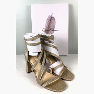 Jessica Simpson Sardona Heels Gold Glitter Strappy Block Sandal 6.5M